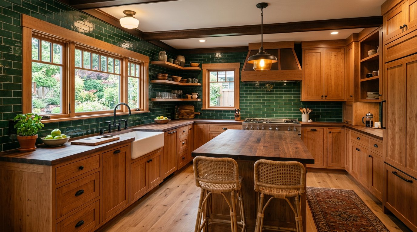 Deep green handmade tile backsplash in a Middletown CT craftsman kitchen